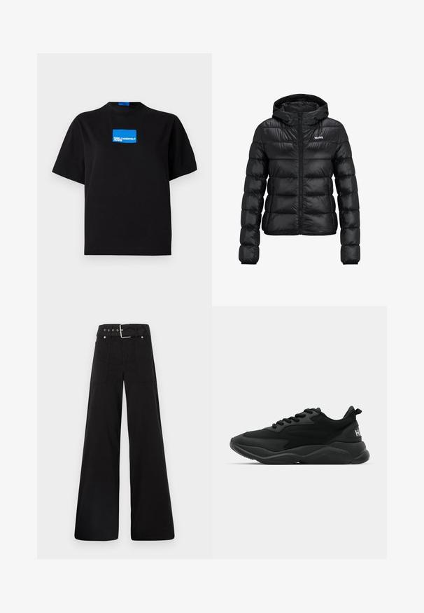 Melnā polsterētā jaka ar rāvējslēdzēju un kapuci. Iezīme ir kvalificēts dizains un "HUGO" logo uz krūškurvja. Izgatavota no spīdīga materiāla.; Melnas kokvilnas T-krekls ar apaļu kaklu, ar zilu taisnstūra grafiku, kurā rakstīts "KARL LAGERFELD JEANS", uz priekšpuses.; Melna platā kāju bikses, izgatavotas no kokvilnas, ar augstu jostasvietu, lieliem sānu kabatām un jostu ar sudraba detaļām.; Melni sporta apavi ar reljefa augšdaļu, auklu aizdari, mīkstu zoli un zīmola akcentu uz papēža.