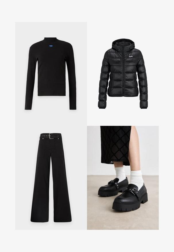 Black padded jacket with a zip closure and hood. Features a quilted design and the "HUGO" logo on the chest. Made from shiny material.; HUGO Long sleeved top - schwarz; Black wide-leg trousers made from cotton, featuring a high waist, large side pockets, and a belted waist with silver hardware accents.; Black platform loafers with a smooth leather finish, featuring a buckle detail and stud accents, paired with white ribbed socks.