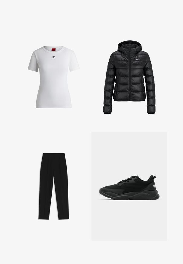 Chaqueta negra acolchada con cierre de cremallera y capucha. Presenta un diseño acolchado y el logo "HUGO" en el pecho. Está hecha de un material brillante.; Camiseta de algodón blanca con escote redondo y mangas cortas. Presenta un pequeño logo negro "HUGO" en el pecho. Textura suave.; Pantalones negros de corte recto, con doble pinza, textura suave y un diseño de cinturilla clásica. Sin hardware o acentos visibles.; Zapatillas deportivas negras con un upper texturizado, cierre de cordones, suela acolchada y un acento de marca en el talón.