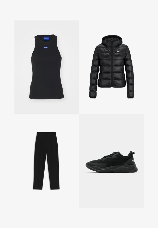 Svart vadderad jacka med dragkedja och huva. Har en quiltad design och "HUGO"-logotypen på bröstet. Tillverkad av glänsande material.; Svart ribbad linne i bomull. Har rund halsringning och blå logotypapplikation på bröstet. Rakt avslut nertill.; Svarta byxor med rak passform, med dubbla fickor, en slät yta och en klassisk midje-design. Ingen synlig hårdvara eller detaljer.; Svarta sportiga sneakers med en texturerad ovandel, snörning, vadderad sula och ett märkesackcent på hälen.