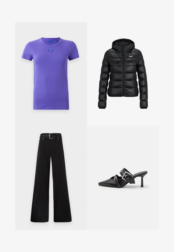 Juodas pūkinis švarkas su užtrauktuku ir gobtuvu. Savybės: siuvinėtas dizainas ir "HUGO" logotipas ant krūtinės. Pagamintas iš blizgaus medžiagos.; Violetinės trumpomis rankovėmis, raštuotos megztos marškinėlių su apvaliu iškirpimu ir mažais mėlynais "HUGO" logotipais ją krūtinėje ir apykaklės viduje.; Juodos plačios kojų kelnės, pagamintos iš medvilnės, su aukšta liemene, didelėmis šoninėmis kišenėmis ir diržu, papuoštu sidabriniais akcentais.; Juodos aukštakulnės mule bateliai su smailiu pirštu, pagaminti iš lygaus odos. Turi platų kulkšnies dirželį su kvadratiniu sidabro sagtimi ir skulptūromis.