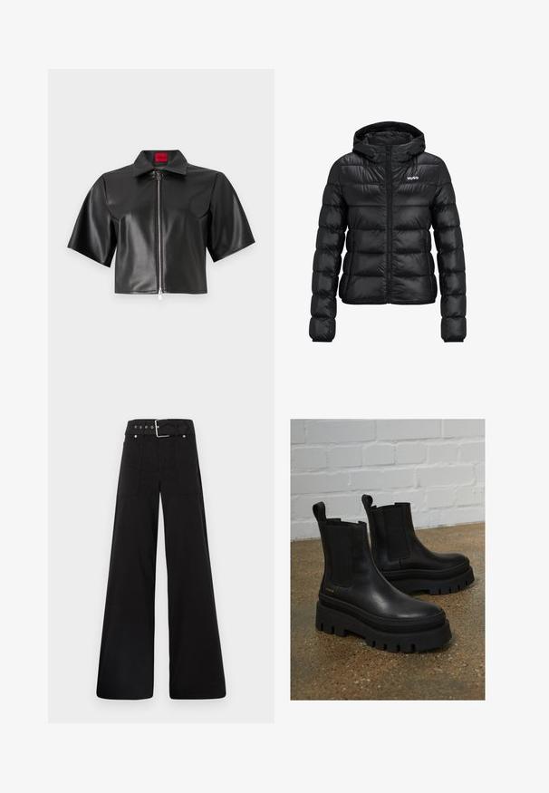 Czarna pikowana kurtka z zamkiem błyskawicznym i kapturem. Posiada wzór pikowania oraz logo "HUGO" na klatce piersiowej. Wykonana z błyszczącego materiału.; Czarna kurtka z sztucznej skóry, krótka, z krótkimi rękawami, kołnierzem i zamkiem błyskawicznym z przodu. Posiada czerwony metkę z logo. Gładka tekstura.; Czarne spodnie o szerokich nogawkach wykonane z bawełny, z wysokim stanem, dużymi bocznymi kieszeniami i paskiem w talii z akcentami w kolorze srebrnym.; Czarne skórzane botki za kostkę z elastycznymi panelami bocznymi, grubymi czarnymi platformami oraz detalami przeszycia, z pętelką ułatwiającą zakładanie.
