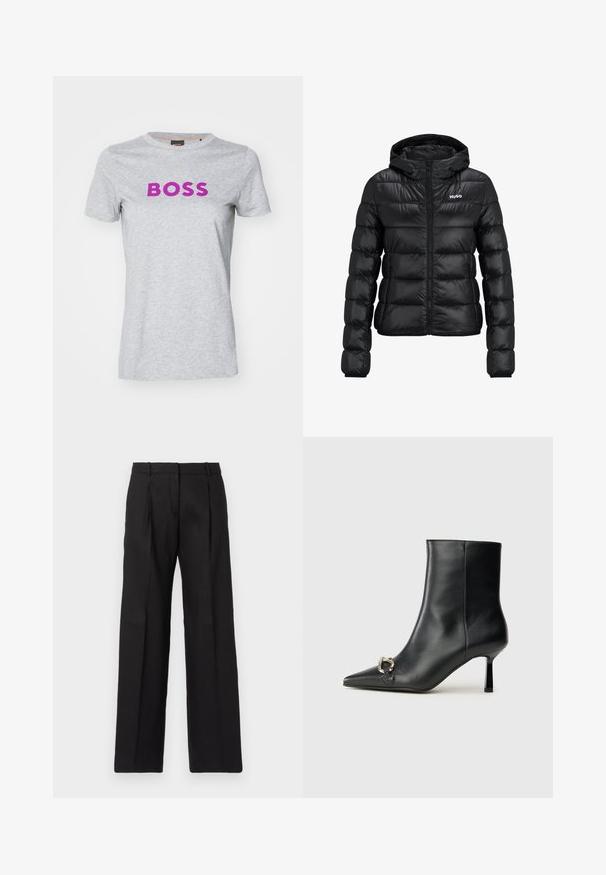 Čierna vypchatá bunda so zapínaním na zips a kapucňou. Obsahuje prešívaný dizajn a logo "HUGO" na hrudi. Vyrobené z lesklého materiálu.; Sivá krátka rukávová tričko z jemnej bavlny s okrúhlym výstrihom, na prednej strane so silným fialovým potlačou "BOSS".; Čierne upravené nohavice s rovno strihanými nohavicami, vybavené ostrými záhybmi a hladkou textúrou. Vyrobené z ľahkého materiálu.; Čierna kožená členková obuv s špicatou špičkou, štíhlým stredne vysokým podpätkom a striebornou sponou na boku na jednoduchom pozadí.
