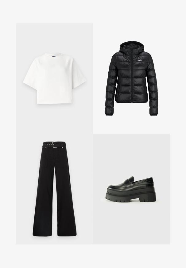 Fekete párnázott dzseki cipzárral és kapucnival. Tűzött mintázattal rendelkezik, és a "HUGO" logó a mellkason található. Fényt visszaverő anyagból készült.; Fehér, túlméretezett póló, rövid raglánujjakkal, puha anyagból készült. Diszkrét logó található a mellkason és kerek nyakkivágás jellemzi.; Fekete, bő szárú nadrág, pamutból készült, magas derékkal, nagy oldalsó zsebekkel és ezüst színű hardverelemekkel ellátott övvel.; Fekete bőrcipők vastag platform talppal. Lekerekített orr, elülső varrás részletek és finom varrási díszítések. Lapos, texturált talp.