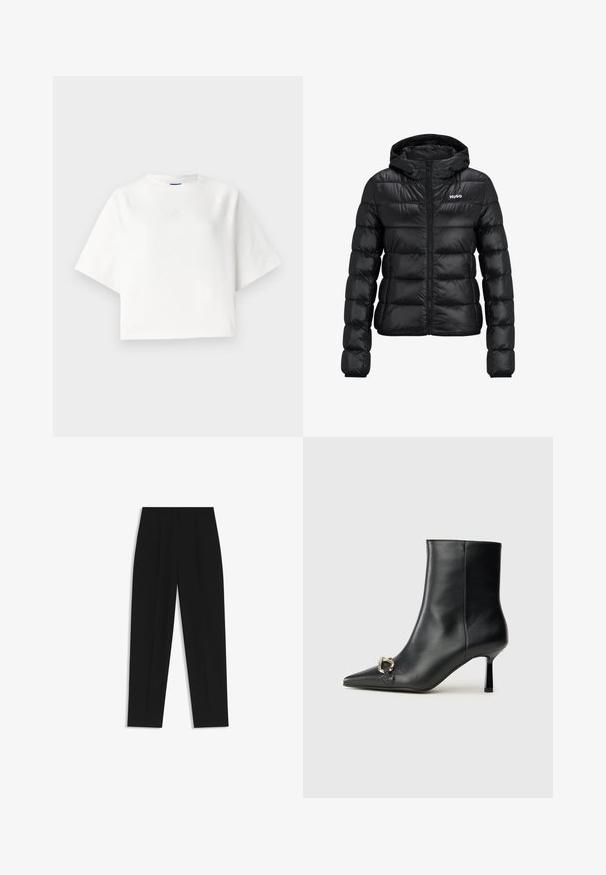 Sort polstret jakke med lynlåslukning og hætte. Har et quiltet design og "HUGO"-logoet på brystet. Fremstillet af skinnende materiale.; Hvid oversized t-shirt med korte raglanærmer, lavet af blødt stof. Har et diskret logo på brystet og rund halsudskæring.; Sorte bukser med lige pasform, der har dobbelte folder, en glat tekstur og et klassisk taljedesign. Ingen synlige hardware eller accenter.; Sort læder ankelstøvle med spidse tæer, slank hæl i mellemhøjde og sølvspænde detaljer på siden mod en ensfarvet baggrund.