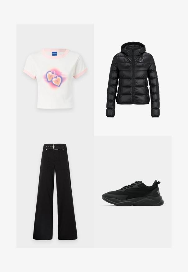 Musta pehmeä takki, jossa on vetoketjukiinnitys ja huppu. Ominaisuuksina tikattu muotoilu ja "HUGO" -logo rinnassa. Valmistettu kiiltävästä materiaalista.; Valkoinen puuvillainen crop-top-paita, jossa on vaaleanpunaiset yksityiskohdat. Paidassa on kuviona kaksi sydämen muotoista lukkua, joiden taustalla on värikäs gradientti.; Mustat leveälahkeiset housut, jotka on valmistettu puuvillasta. Ne ovat korkeavyötäröiset, suuriin sivutaskuihin ja vyön kanssa varustettu, jossa on hopeanväriset yksityiskohdat.; Mustat urheilukengät, joissa on teksturoitu päällinen, nauhakiristys, pehmeä pohja ja merkkilogolla varustettu kantapää.