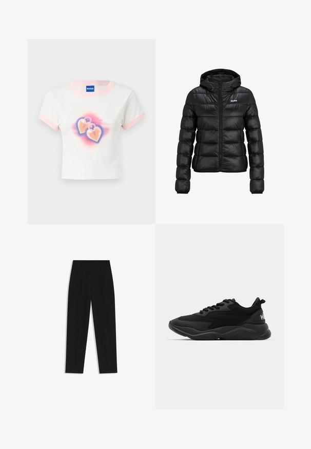 Sort polstret jakke med lynlåslukning og hætte. Har et quiltet design og "HUGO"-logoet på brystet. Fremstillet af skinnende materiale.; Hvid bomulds t-shirt med kort ærme og pastelfarvet pink kant. Indeholder grafik af to hjertedannede hængelåse med en farverig gradient baggrund.; Sorte bukser med lige pasform, der har dobbelte folder, en glat tekstur og et klassisk taljedesign. Ingen synlige hardware eller accenter.; Sorte atletiske sneakers med en tekstureret overdel, snørelukning, polstret sål og en mærkeaccent på hælen.