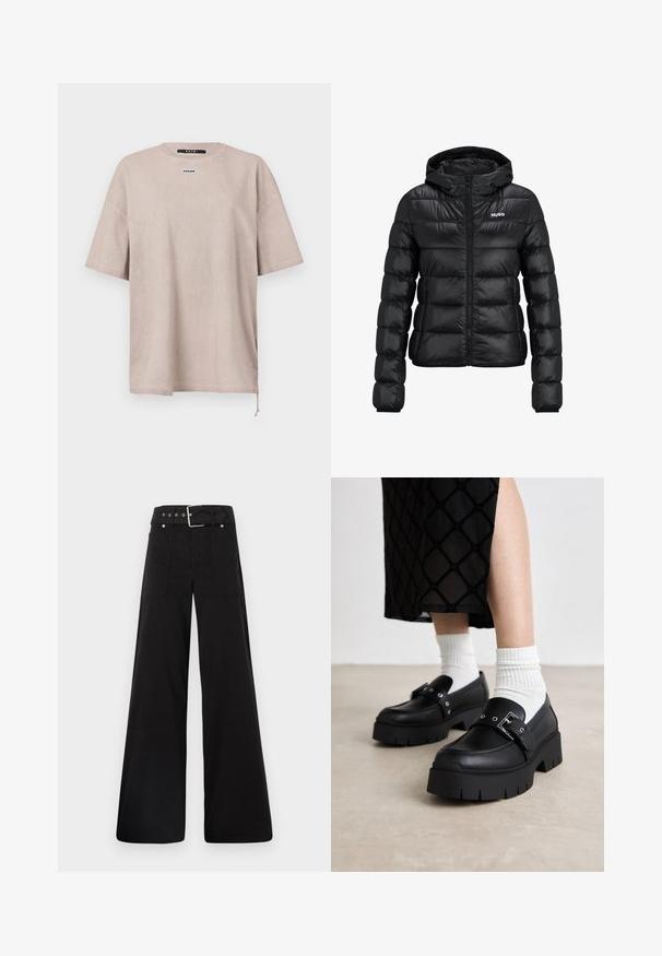 Fekete párnázott dzseki cipzárral és kapucnival. Tűzött mintázattal rendelkezik, és a "HUGO" logó a mellkason található. Fényt visszaverő anyagból készült.; Túlméretezett, rövid ujjú póló világos bézs pamutból. Kerek nyakkivágással és egy kis márkacímkével a mellrészen. Zsinóros részlet az alján.; Fekete, bő szárú nadrág, pamutból készült, magas derékkal, nagy oldalsó zsebekkel és ezüst színű hardverelemekkel ellátott övvel.; Fekete platform lakkloaferek sima bőr felülettel, csattos részletekkel és tüskés díszítéssel, fehér bordázott zoknikkal párosítva.