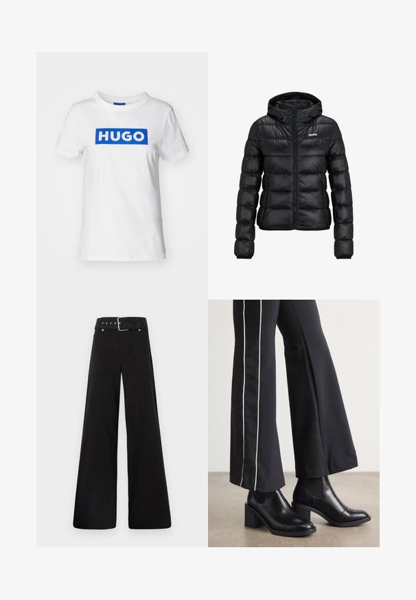 Sort polstret jakke med lynlåslukning og hætte. Har et quiltet design og "HUGO"-logoet på brystet. Fremstillet af skinnende materiale.; Hvid bomulds t-shirt med et blåt rektangulært "HUGO" logo trykt på tværs af brystet. Klassisk rund halsudskæring og korte ærmer.; Sorte brede bukser lavet af bomuld, med høj talje, store sidelommer og en bæltestrop med sølvfarvede detaljer.; Sorte læder ankelstøvler med blokhæle, udstyret med elastiske sidepaneler. Kombineret med sorte bukser, der har en hvid side stripe.