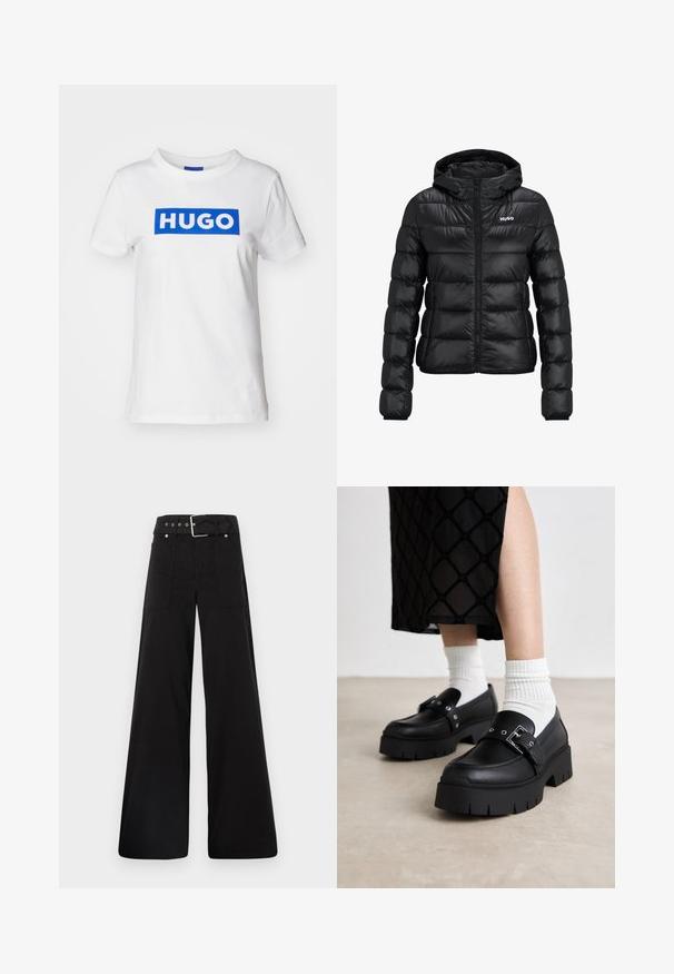 Černá podšitá bunda se zipem a kapucí. Má prošívaný design a logo "HUGO" na hrudi. Vyrobeno z lesklého materiálu.; Bílá bavlněná tričko s modrým obdélníkovým logem "HUGO" tištěným na hrudi. Klasický kulatý výstřih a krátké rukávy.; Černé široké kalhoty vyrobené z bavlny, s vysokým pasem, velkými bočními kapsami a opaskem s kovovými akcenty v barvě stříbra.; Černé platformové loafers s hladkým koženým povrchem, vybavené detailem s přezkou a hřebíkovými akcenty, v kombinaci s bílými žebrovanými ponožkami.
