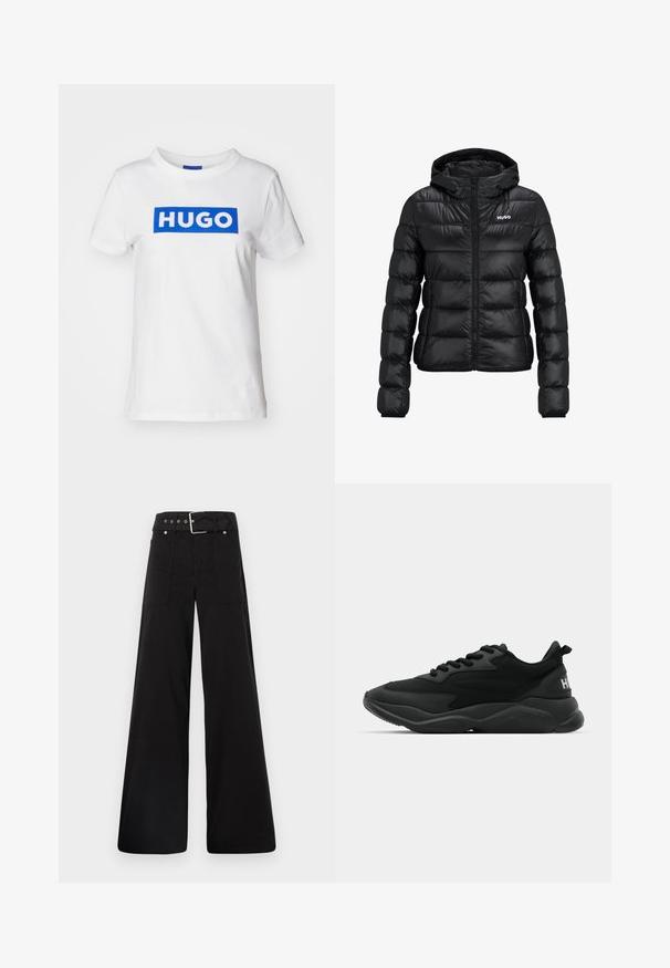 Schwarze gepolsterte Jacke mit einem Reißverschluss und Kapuze. Verfügt über ein gestepptes Design und das "HUGO"-Logo auf der Brust. Hergestellt aus glänzendem Material.; Weißes Baumwoll-T-Shirt mit einem blauen rechteckigen "HUGO"-Logo, das quer über die Brust gedruckt ist. Klassischer Rundhalsausschnitt und kurze Ärmel.; Schwarze weitgeschnittene Hose aus Baumwolle, mit hoher Taille, großen Seitentaschen und einem taillierten Bund mit silbernen Hardware-Akzenten.; Schwarze Sport-Sneaker mit einer strukturierten Oberseite, Schnürverschluss, gepolsterter Sohle und einem markierten Akzent an der Ferse.