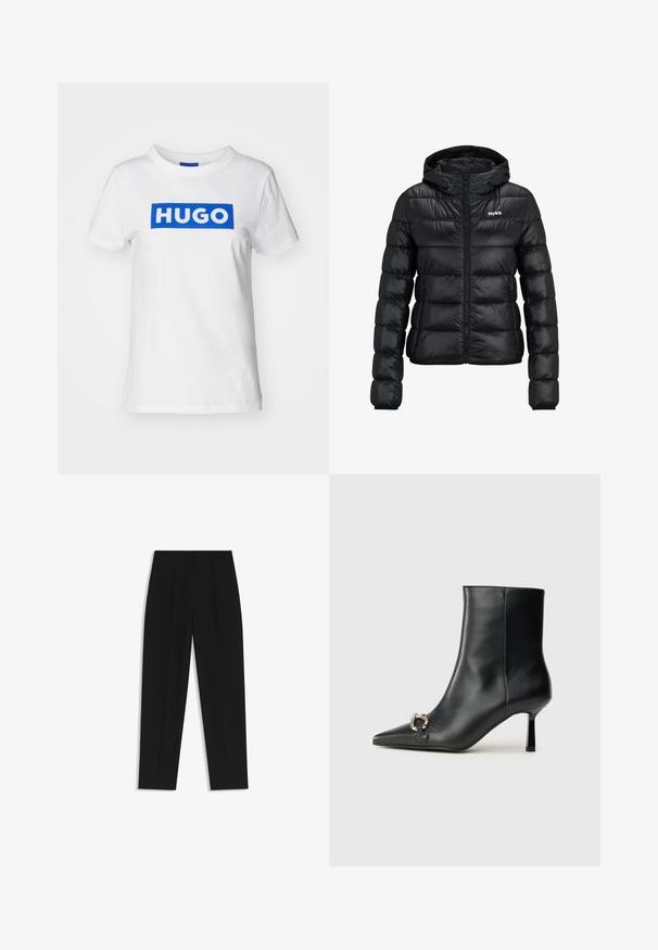 Zwarte gewatteerde jas met ritssluiting en capuchon. Kenmerkt zich door een doorgestikt ontwerp en het "HUGO"-logo op de borst. Gemaakt van glanzend materiaal.; Witte katoenen t-shirt met een blauw rechthoekig "HUGO" logo dat over de borst is gedrukt. Klassieke ronde halslijn en korte mouwen.; Zwarte broeken met een rechte pasvorm, voorzien van dubbele plooien, een zachte textuur en een klassiek taillebandontwerp. Geen zichtbare hardware of accenten.; Zwarte leren enkelboot met spitse neus, slanke middenhoge hak en zilveren gespdetail aan de zijkant op een effen achtergrond.