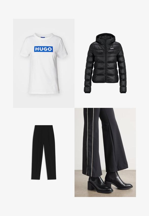 Black padded jacket with a zip closure and hood. Features a quilted design and the "HUGO" logo on the chest. Made from shiny material.; White cotton t-shirt featuring a blue rectangular "HUGO" logo printed across the chest. Classic crew neckline and short sleeves.; Black trousers with a straight fit, featuring double pleats, a smooth texture, and a classic waistband design. No visible hardware or accents.; Black leather ankle boots with a block heel, featuring elastic side panels. Paired with black pants that have a white side stripe.