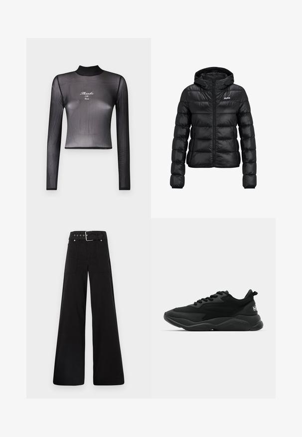 Schwarze gepolsterte Jacke mit einem Reißverschluss und Kapuze. Verfügt über ein gestepptes Design und das "HUGO"-Logo auf der Brust. Hergestellt aus glänzendem Material.; Schwarzes, langärmeliges, kurzes Oberteil aus transparenter Material mit hohem Kragen und gesticktem Text "Thanks OK Bye" auf der Vorderseite.; Schwarze weitgeschnittene Hose aus Baumwolle, mit hoher Taille, großen Seitentaschen und einem taillierten Bund mit silbernen Hardware-Akzenten.; Schwarze Sport-Sneaker mit einer strukturierten Oberseite, Schnürverschluss, gepolsterter Sohle und einem markierten Akzent an der Ferse.