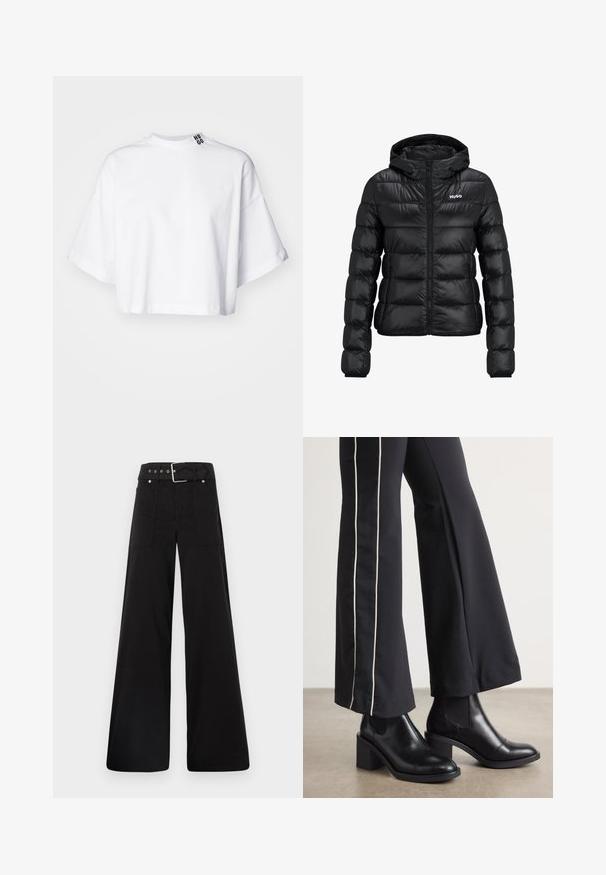 Fekete párnázott dzseki cipzárral és kapucnival. Tűzött mintázattal rendelkezik, és a "HUGO" logó a mellkason található. Fényt visszaverő anyagból készült.; Fehér, rövidített pamut póló, széles rövid ujjakkal és magas nyakkivágással. A "HUGO" felirat fekete színben szerepel a galléron.; Fekete, bő szárú nadrág, pamutból készült, magas derékkal, nagy oldalsó zsebekkel és ezüst színű hardverelemekkel ellátott övvel.; Fekete bőr bokacsizma, tömbsarkúval, oldalán rugalmasszal ellátott panelek találhatók. Fekete nadrággal párosítva, amelynek fehér oldalsávja van.