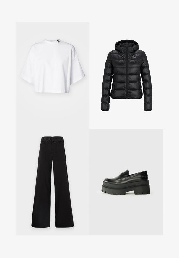 Čierna vypchatá bunda so zapínaním na zips a kapucňou. Obsahuje prešívaný dizajn a logo "HUGO" na hrudi. Vyrobené z lesklého materiálu.; Biele skrátené tričko vyrobené z bavlny, s širokými krátkymi rukávmi a vysokým výstrihom. Na golieri je vytlačená čierna značka "HUGO".; Čierne nohavice so širokými nohavicami vyrobené z bavlny, s vysokým pásom, veľkými bočnými vreckami a opaskom s prackou so striebornými detailmi.; Čierne kožené loafers s masívnou platformou. Zaoblená špička, predný šev a jemné švy. Plošná, štruktúrovaná podrážka.