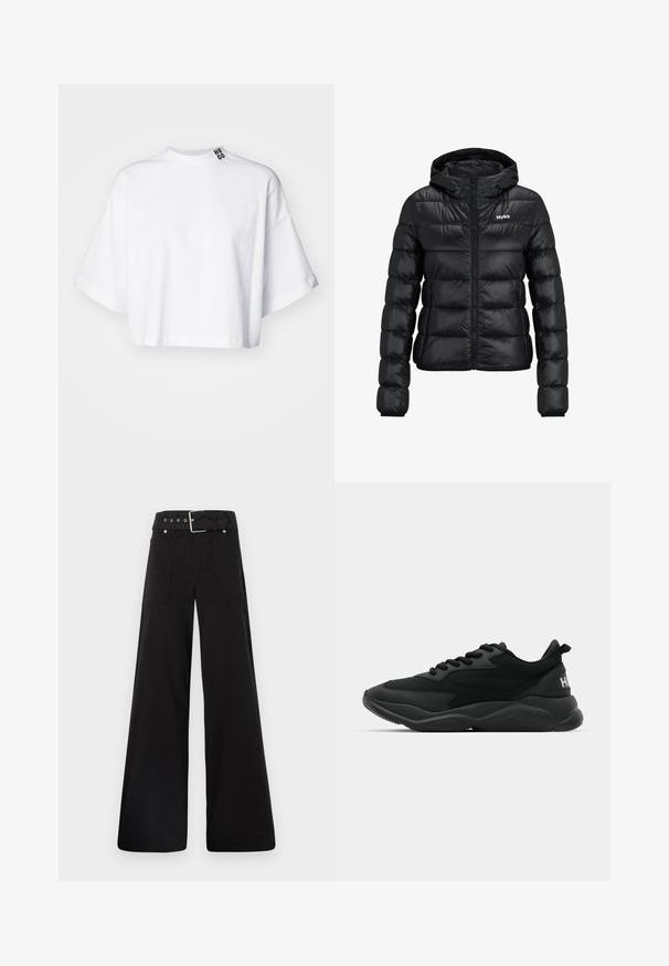 Melnā polsterētā jaka ar rāvējslēdzēju un kapuci. Iezīme ir kvalificēts dizains un "HUGO" logo uz krūškurvja. Izgatavota no spīdīga materiāla.; Balta īsā krekla virsotne, kas izgatavota no kokvilnas, ar platajām īsajām piedurknēm un augsto apkakli. Uz apkakles ir melnā krāsā izdrukāta uzlīme "HUGO".; Melna platā kāju bikses, izgatavotas no kokvilnas, ar augstu jostasvietu, lieliem sānu kabatām un jostu ar sudraba detaļām.; Melni sporta apavi ar reljefa augšdaļu, auklu aizdari, mīkstu zoli un zīmola akcentu uz papēža.