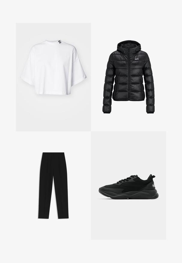 Schwarze gepolsterte Jacke mit einem Reißverschluss und Kapuze. Verfügt über ein gestepptes Design und das "HUGO"-Logo auf der Brust. Hergestellt aus glänzendem Material.; Weißes, verkürztes T-Shirt aus Baumwolle mit weiten kurzen Ärmeln und hohem Kragen. Das Etikett "HUGO" ist in Schwarz auf dem Kragen aufgedruckt.; Schwarze Hose mit geradem Schnitt, doppelten Falten, einer glatten Textur und einem klassischen Bunddesign. Keine sichtbaren Beschläge oder Akzente.; Schwarze Sport-Sneaker mit einer strukturierten Oberseite, Schnürverschluss, gepolsterter Sohle und einem markierten Akzent an der Ferse.
