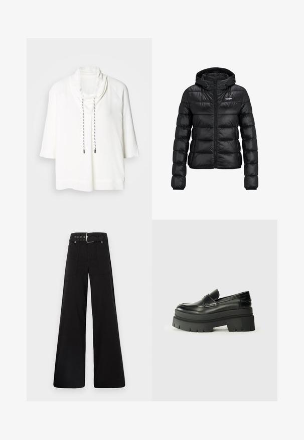 Black padded jacket with a zip closure and hood. Features a quilted design and the "HUGO" logo on the chest. Made from shiny material.; White short-sleeve top with a cowl neck and drawstring closure. Soft, smooth fabric with a relaxed fit. Subtle texture and contrast drawstring.; Black wide-leg trousers made from cotton, featuring a high waist, large side pockets, and a belted waist with silver hardware accents.; Black leather loafers with a chunky platform sole. Rounded toe, front seam detail, and subtle stitching accents. Flat, textured outsole.