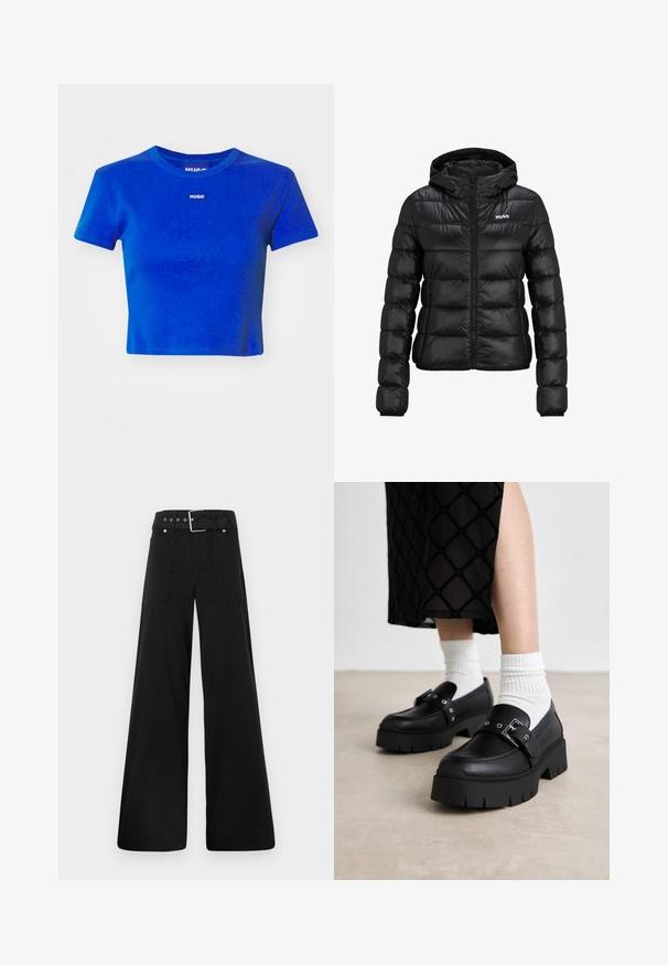 Μαύρο τζάκετ με επένδυση και κλείσιμο με φερμουάρ και κουκούλα. Διαθέτει ανάγλυφο σχέδιο και το λογότυπο "HUGO" στο στήθος. Κατασκευασμένο από γυαλιστερό υλικό.; Μπλε κοντό μπλουζάκι από ριμπ βαμβάκι. Διαθέτει στρογγυλή λαιμόκοψη και μια μικρή λευκή ετικέτα λογότυπου στο στήθος. Κοντά μανίκια.; Μαύρο παντελόνι με φαρδιά ποδιά φτιαγμένο από βαμβάκι, με ψηλή μέση, μεγάλες πλαϊνές τσέπες και ζώνη με μεταλλικά αξεσουάρ σε ασημί απόχρωση.; Μαύρες πλατφόρμες λόφερ με απαλή δερμάτινη επιφάνεια, που διαθέτουν λεπτομέρεια από αγκράφα και μεταλλικά τρουκς, σε συνδυασμό με λευκές ριμπ κάλτσες.
