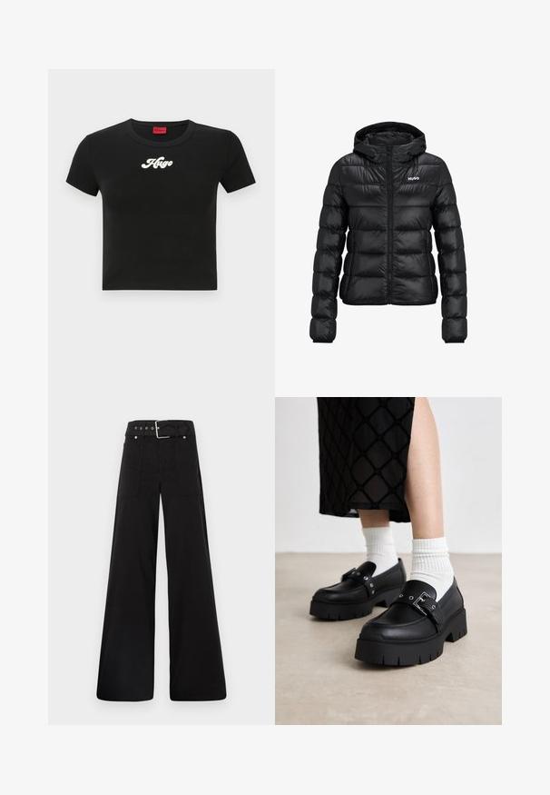 Melnā polsterētā jaka ar rāvējslēdzēju un kapuci. Iezīme ir kvalificēts dizains un "HUGO" logo uz krūškurvja. Izgatavota no spīdīga materiāla.; Melnā īsā krekla forma no kokvilnas, ar baltu roku rakstītu logotipu "Hugo" uz krūtīm un noapaļotu kakla izgriezumu. Īsas piedurknes.; Melna platā kāju bikses, izgatavotas no kokvilnas, ar augstu jostasvietu, lieliem sānu kabatām un jostu ar sudraba detaļām.; Melnas platformas loafer kurpes ar gludu ādas apdari, ar sprādzes detaļu un uzliktu akcentiem, pārī ar baltām ribotām zeķēm.