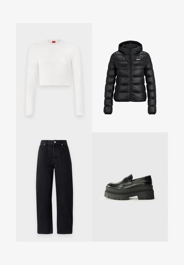 Black padded jacket with a zip closure and hood. Features a quilted design and the "HUGO" logo on the chest. Made from shiny material.; White cropped long-sleeve top made of smooth fabric. Features a round neckline and subtle logo detail on the chest.; High-waisted, straight-leg black denim jeans with five pockets, metal rivets, and tonal stitching. Smooth texture, minimalistic design.; Black leather loafers with a chunky platform sole. Rounded toe, front seam detail, and subtle stitching accents. Flat, textured outsole.