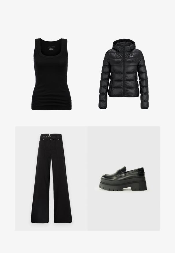 Zwarte gewatteerde jas met ritssluiting en capuchon. Kenmerkt zich door een doorgestikt ontwerp en het "HUGO"-logo op de borst. Gemaakt van glanzend materiaal.; Zwarte tanktop met een ronde halslijn en brede schouderbanden, gemaakt van rekbare katoen, met een aansluitende pasvorm en een soepele textuur.; Zwarte wijde broek van katoen, met een hoge taille, grote zijzakken en een ceintuur met zilverkleurige accenten.; Zwarte lederen loafers met een chunky plateauzool. Rondere neus, naden aan de voorkant en subtiele stikselaccenten. Vlakke, gestructureerde buitenzool.