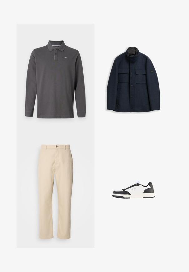 Mörkblå kappa i texturerad tyg, med hög krage, knäppning framtill och två bröstfickor samt en logopatch på ärmen.; Långärmad polo t-shirt i mörkgrå bomull med krage, tre knappslå och en liten logotyp på vänster bröst.; Beiga bomullsbyxor med raka ben, framknäppning, sidofickor och en slät yta. Minimalistisk design, inga synliga mönster.; Vita och svarta sneakers med en slät läderöverdel, kontrasterande detaljer, en texturerad gummisula och en märkesetikett på sidan.