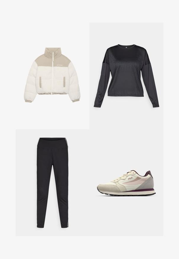 Rövid fazonú dzseki bézs felső résszel és fehér bolyhos fleece alsó résszel. Elől cipzárral, két oldalsó zsebből és magas gallérral rendelkezik.; Fekete, hosszú ujjú felső, sima, könnyű anyagból készült. Kerek nyakkivágással és laza szabással rendelkezik. Nincsenek látható minták vagy logók.; Fekete leggings rugalmas anyagból. Magas derék, szűkített fazon, fehér oldalcsíkokkal a külső varrások mentén. Sima felület.; Krém és világosszürke sneaker, textúrált felülettel, rózsaszín és burgundi akcentusokkal, fűzős dizájnnal és fekete gumi talppal.