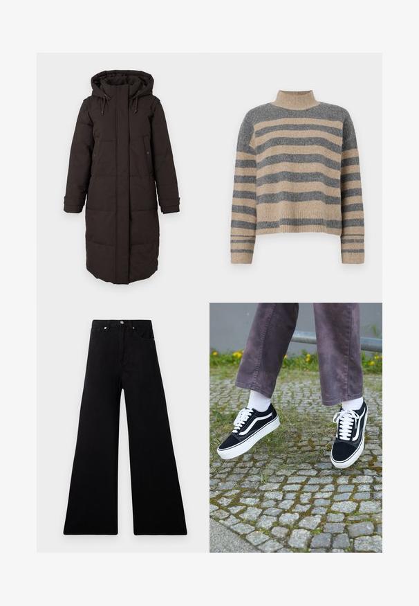 Casaco de inverno longo, preto e acolchoado, com capuz, fecho frontal coberto por aba, dois bolsos com botão de pressão e tiras ajustáveis nos punhos.; Sweater de malha às riscas com cores cinza e bege, gola alta, mangas largas com punhos e um corte solto com design cropped.; Calças de ganga pretas de perna larga com cintura alta, cinco bolsos, fecho frontal de botão e textura suave e macia.; Sapatilhas de camurça pretas com detalhes brancos, apresentando um bico arredondado, sola branca grossa e um design clássico de atacadores, usadas com meias brancas e calças roxas.