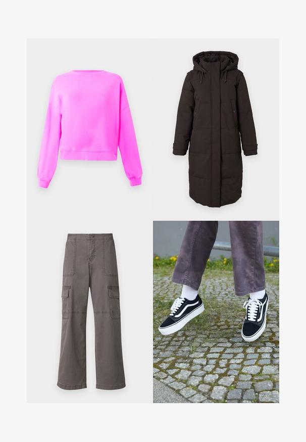 Lang svart polstret vinterjakke med hette, frontglidelås dekket av klaff, to trykknapp-lommer og justerbare mansjettstriper.; Lys rosa langermet genser med rund hals og ribbestrikkede mansjetter og nederkant, vist på en enkel lys bakgrunn.; Grå cargobukser laget av bomull med et bredt ben-design, med to frontlommer, to sidelommer og synlige sømdetaljer.; Svarte semskede joggesko med hvite detaljer, med rund tå, tykk hvit såle og klassisk snøring, båret med hvite sokker og lilla bukser.