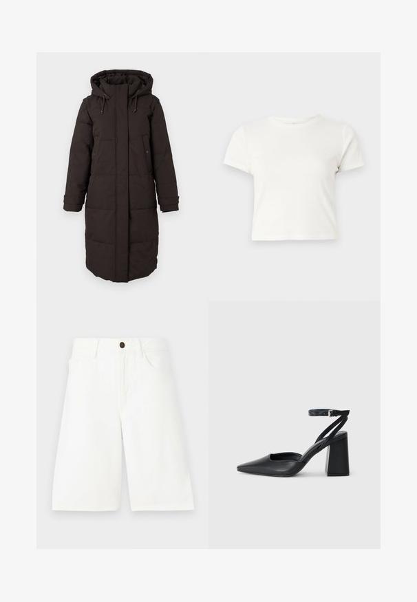 Long black padded winter coat with hood, front zipper covered by flap, two snap-button pockets, and adjustable cuff straps.; Short white t-shirt made of cotton with short sleeves, a round neckline, and a straight hem, featuring a smooth texture and minimal design.; White denim shorts with a straight cut, five-pocket design, front button closure, and subtle stitching details. Smooth texture.; Black leather pointy-toe pump with an ankle strap and a chunky heel. Flat texture, sleek design, and minimalistic aesthetics.