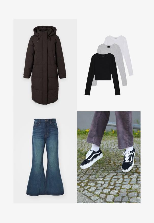 Lange zwarte gewatteerde winterjas met capuchon, voorzijde met rits bedekt door een flap, twee drukknoopzakken en verstelbare manchetten.; Drie langmouwige tops gestapeld: zwart, grijs en wit. Elke top heeft een ronde halslijn en een cropped ontwerp van soepel, lichtgewicht materiaal.; Uitlopende spijkerbroek in middelblauw, met een hoge taille, vijf zakken en contrasterende stiksels. Soepele textuur met een lichte vervaging.; Zwarte suède sneakers met witte accenten, met een ronde neus, dikke witte zool en klassieke vetersluiting, gedragen met witte sokken en paarse broek.