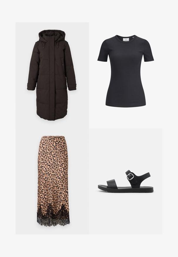 Lang sort polstret vinterjakke med hætte, frontlynlås dækket af flap, to trykknap lommer og justerbare ærmestraps.; Sort ribbet kortærmet t-shirt med rund halsudskæring. Lavet af et blødt, strækbart stof med en subtil tekstur og en tætsiddende silhuet.; Jaguarprint midi-nederdel lavet af glat stof, med en sort blondekant, A-linje silhuet og en tætsiddende talje.; Sorte sandaler med flad sål, justerbar spænde, to brede stropper og glat overflade, designet til komfort og nem brug.
