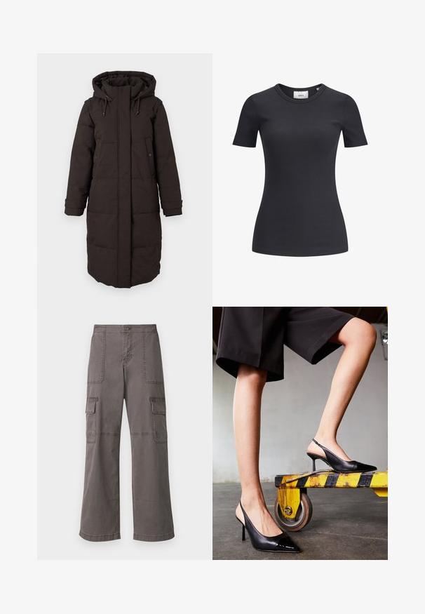 Caban lung din material padding negru, cu glugă, fermoar frontal acoperit de o clapetă, două buzunare cu capse și curele de ajustare la mânici.; Tricou negru cu mânecă scurtă, cu decolteu rotund. Fabricat dintr-un material moale și elastic, cu o textură subtilă și o siluetă ajustată.; Pantaloni cargo gri, din bumbac, cu un design cu picioare largi, având două buzunare frontale, două buzunare laterale și detalii de cusătură vizibile.; Sandale negre cu toc slingback, cu vârful ascuțit, având un capac din patent lucios. Toc stiletto, design din piele netedă și o siluetă minimalistică.
