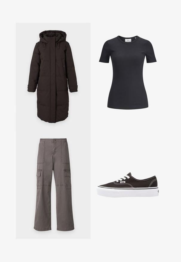 Long manteau d'hiver noir matelassé avec capuche, fermeture éclair à l'avant protégée par un rabat, deux poches à bouton-pression, et poignets ajustables.; T-shirt noir à manches courtes côtelé avec un col rond. Fabriqué en tissu doux et extensible, présentant une texture subtile et une silhouette ajustée.; Pantalons cargo gris en coton avec un design à jambes larges, dotés de deux poches avant, de deux poches latérales et de détails de couture visibles.; Vans AUTHENTIC PLATFORM 2.0 - Baskets basses - black