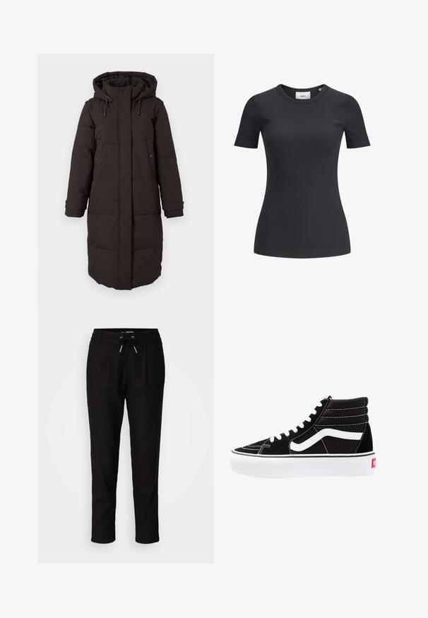 Caban lung din material padding negru, cu glugă, fermoar frontal acoperit de o clapetă, două buzunare cu capse și curele de ajustare la mânici.; Tricou negru cu mânecă scurtă, cu decolteu rotund. Fabricat dintr-un material moale și elastic, cu o textură subtilă și o siluetă ajustată.; Pantaloni negri conici dintr-un material ușor. Au un tiv elastic cu șnur, plii laterale și tivuri la glezne.; Tenisi negri cu glezna înaltă, cu șireturi albe, un logo alb și cusături albe contrastante. Prezintă o talpă groasă albă și un exterior din nubuc texturat.