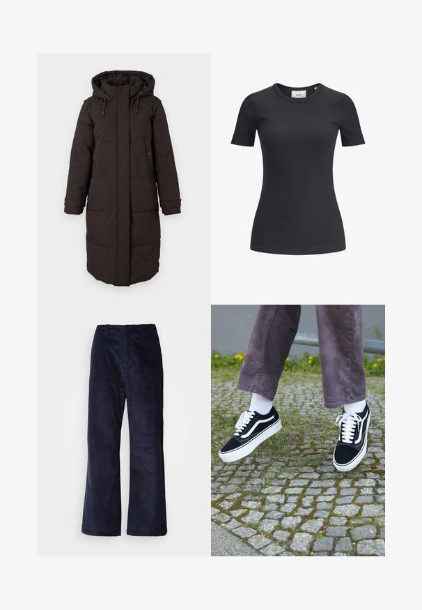 Dlouhý černý zimní kabát s kapucí, přední zip krytý klopou, dvě kapsy na druky a nastavitelné manžety.; Černé žebrované tričko s krátkým rukávem a kulatým výstřihem. Vyrobeno z měkké, elastické látky, s jemnou strukturou a přiléhavým střihem.; Námořnické kordové kalhoty s širokým nohavicemi a vertikálními rybami, elastický pas a žádné viditelné kovové doplňky. Měkká textura a uvolněný střih.; Černé semišové tenisky s bílými akcenty, s zaoblenou špičkou, silnou bílou podrážkou a klasickým šněrovacím designem, nošeny s bílými ponožkami a fialovými kalhotami.