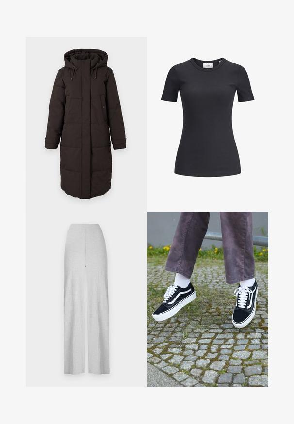 Lang sort polstret vinterjakke med hætte, frontlynlås dækket af flap, to trykknap lommer og justerbare ærmestraps.; Sort ribbet kortærmet t-shirt med rund halsudskæring. Lavet af et blødt, strækbart stof med en subtil tekstur og en tætsiddende silhuet.; Lysegrå ribbede bukser med bredt ben og høj talje samt en frontsplit. Fremstillet af blødt stof med en glat tekstur.; Sorte ruskinds sneakers med hvide accenter, med rund tå, tyk hvid sål og klassisk snørebåndsdesign, båret med hvide sokker og lilla bukser.