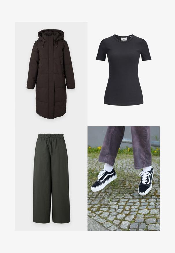 Garšs melns pildīts ziemas mētelis ar kapuci, priekšējais rāvējslēdzis pārklāts ar atloku, divas pogu kabatas un regulējami aproču siksniņas.; Melnā ribota īsām piedurknēm t-kreklā ar apaļu kakla izgriezumu. Izgatavots no mīksta, stieptspējīga auduma, ar smalku tekstūru un piegulošu siluetu.; Platas kājas bikses tumši zaļā audumā, ar elastīgu jostasvietu un gludu tekstūru, bez redzamiem metāla elementiem vai rakstiem.; Melni zamšādas sporta apavi ar baltiem akcentiem, ar apaļu purngalu, biezu baltu zoli un klasisku šņorēšanas dizainu, uzvilkti ar baltām zeķēm un violetām biksēm.