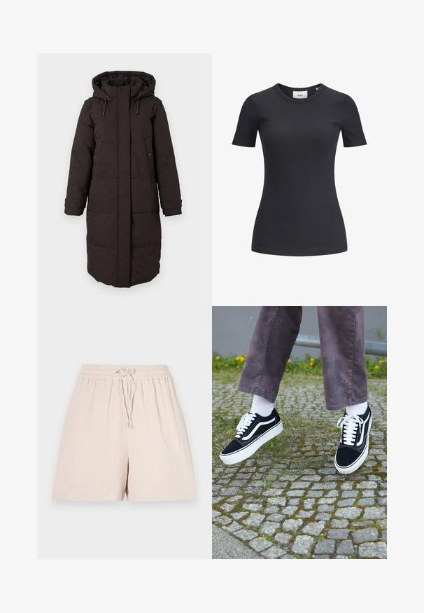 Dlouhý černý zimní kabát s kapucí, přední zip krytý klopou, dvě kapsy na druky a nastavitelné manžety.; Černé žebrované tričko s krátkým rukávem a kulatým výstřihem. Vyrobeno z měkké, elastické látky, s jemnou strukturou a přiléhavým střihem.; Béžové šortky s elastickým páskem a stahovací šňůrkou. Vyrobené z lehké látky, s texturovaným povrchem a volným střihem.; Černé semišové tenisky s bílými akcenty, s zaoblenou špičkou, silnou bílou podrážkou a klasickým šněrovacím designem, nošeny s bílými ponožkami a fialovými kalhotami.