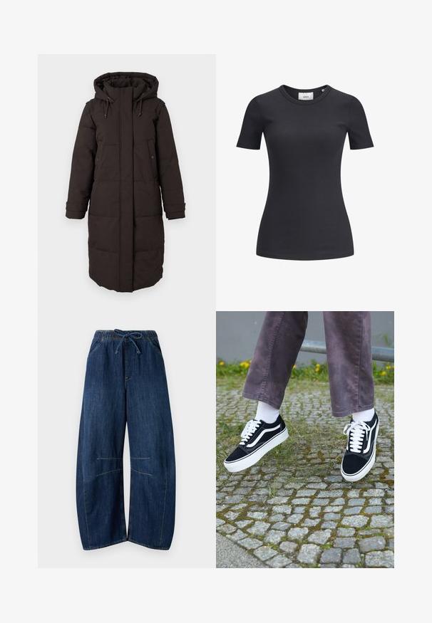 Long black padded winter coat with hood, front zipper covered by flap, two snap-button pockets, and adjustable cuff straps.; Black ribbed short-sleeve t-shirt with a round neckline. Made from a soft, stretchy fabric, featuring subtle texture and a fitted silhouette.; Wide-leg denim pants in dark blue. Features an elastic waistband with drawstring, two side pockets, and contrasting stitching accents.; Black suede sneakers with white accents, featuring a rounded toe, thick white sole, and classic lace-up design, worn with white socks and purple pants.