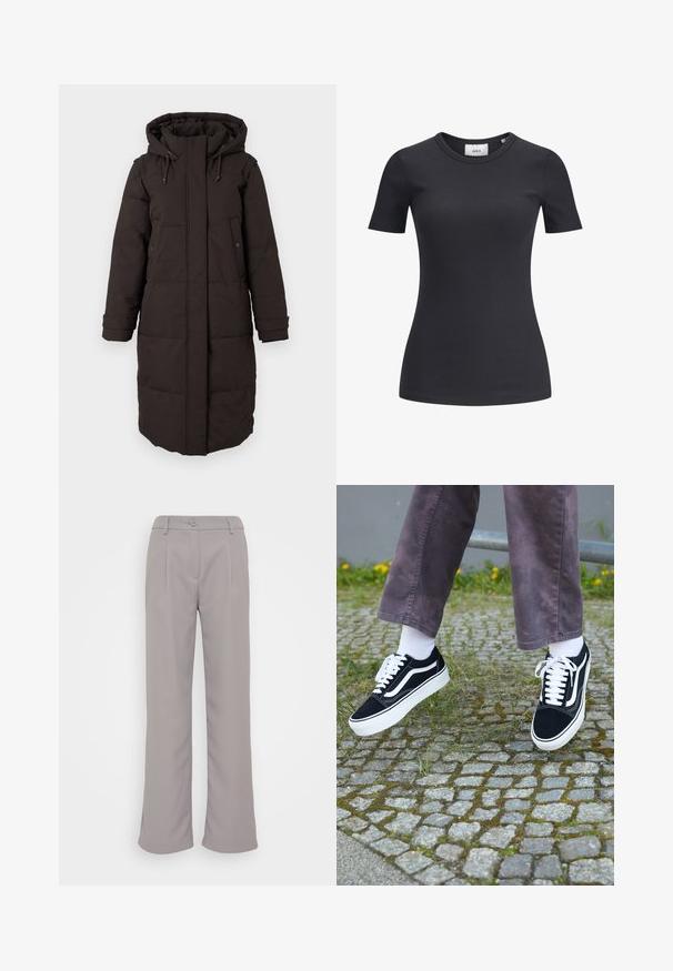 Long manteau d'hiver noir matelassé avec capuche, fermeture éclair à l'avant protégée par un rabat, deux poches à bouton-pression, et poignets ajustables.; T-shirt noir à manches courtes côtelé avec un col rond. Fabriqué en tissu doux et extensible, présentant une texture subtile et une silhouette ajustée.; Pantalons gris à jambes larges avec une texture lisse. Comprend des plis avant, une fermeture à bouton et des poches latérales. Design classique pour un usage polyvalent.; Baskets en suède noir avec des accents blancs, présentant un bout rond, une semelle blanche épaisse et un design classique à lacets, portées avec des chaussettes blanches et un pantalon violet.