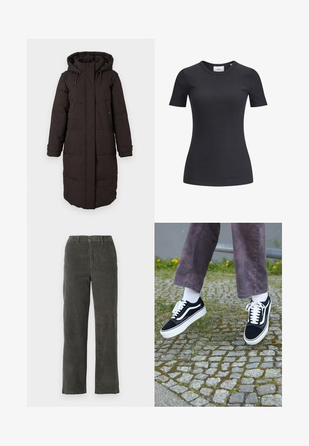 Duga crna zimska jakna s kapuljačom, prednji zatvarač prekriven flakom, dva džepa na dugme i naramenice s mogućnošću prilagođavanja.; Crna rebrasta majica s kratkim rukavima i okruglim izrezom. Izrađena od mekanog, rastezljivog materijala, s blagom teksturom i prilagođenim siluetom.; Sive hlače od kordura s pojasom, prednjim gumbom i dva bočna džepa. Ravne nogavice i rebrasta tekstura.; Crne suedne teniske s bijelim detaljima, s okruglim vrhom, debljim bijelim potplatom i klasičnim dizajnom vezivanja, nosi se s bijelim čarapama i ljubičastim hlačama.