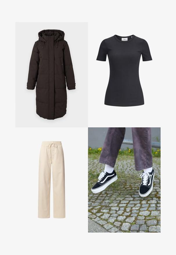 Duga crna zimska jakna s kapuljačom, prednji zatvarač prekriven flakom, dva džepa na dugme i naramenice s mogućnošću prilagođavanja.; Crna rebrasta majica s kratkim rukavima i okruglim izrezom. Izrađena od mekanog, rastezljivog materijala, s blagom teksturom i prilagođenim siluetom.; Bež pamuk hlače s elastičnom trakom za pojas i vezicom. Model širokih nogavica s glatkom teksturom i bez vidljivih uzoraka ili naglasaka.; Crne suedne teniske s bijelim detaljima, s okruglim vrhom, debljim bijelim potplatom i klasičnim dizajnom vezivanja, nosi se s bijelim čarapama i ljubičastim hlačama.