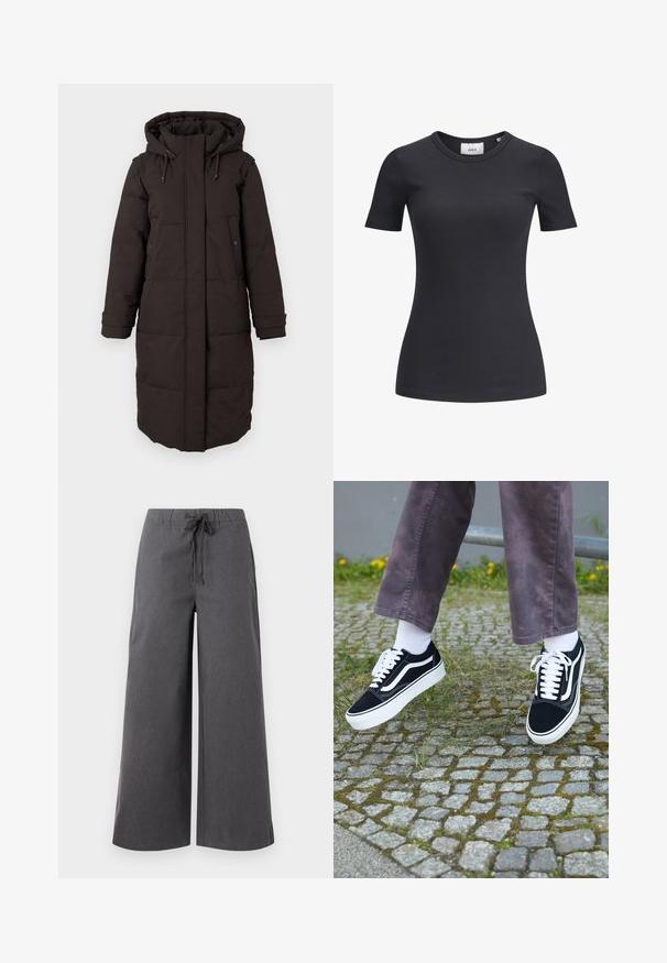 Langer schwarzer gefütterter Wintermantel mit Kapuze, Frontreißverschluss von einer Blende verdeckt, zwei Druckknopf-Taschen und verstellbaren Bündchenriemen.; Schwarzes, geripptes T-Shirt mit kurzen Ärmeln und Rundhalsausschnitt. Hergestellt aus einem weichen, dehnbaren Stoff, der eine subtile Textur und eine taillierte Silhouette aufweist.; Hellebeine, dunkelgraue Hosen aus einem weichen Stoff, mit einem elastischen Bund und Kordelzug sowie minimalen Nähdetails.; Schwarze Wildleder-Sneaker mit weißen Akzenten, runder Zehenform, dicker weißer Sohle und klassischem Schnürdesign, getragen mit weißen Socken und lila Hose.