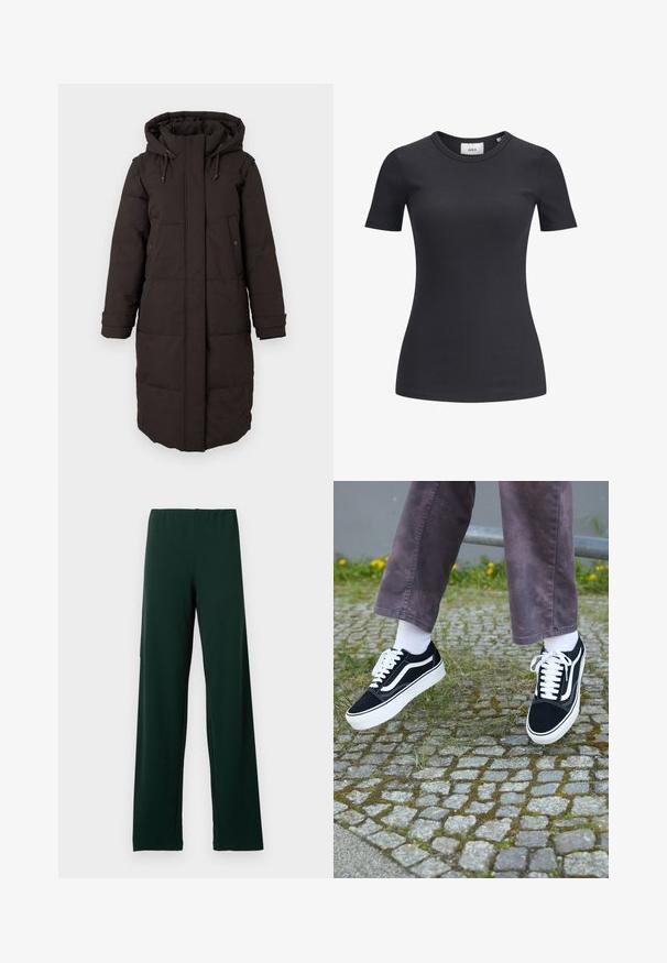 Ilgas juodas pūkuotas žieminis paltas su kapišonu, priekinis užtrauktukas uždengtas sklende, dvi mygtukų kišenės ir reguliuojami rankogaliai.; Juodas smulkiai raukšlėtas trumpomis rankovėmis marškinėliai, su apvalia iškirpte. Pagaminti iš minkštos, tamprios medžiagos, su subtilia tekstūra ir prigludusia siluetu.; Tamsiai žali, lengvi, tamprūs kelnės su juosmeniu ir plačiomis kojomis. Pagamintos iš lygaus audinio, be matomų raštų ar detalių.; Juoda zomšiniai sportbačiai su baltais akcentais, suapvalintu pirštu, storu baltu padu ir klasikinis raištelių dizainas, užsidėti su baltomis kojinėmis ir purpurinėmis kelnėmis.