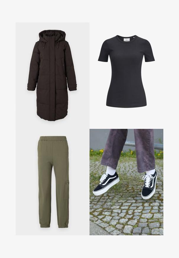 Dlouhý černý zimní kabát s kapucí, přední zip krytý klopou, dvě kapsy na druky a nastavitelné manžety.; Černé žebrované tričko s krátkým rukávem a kulatým výstřihem. Vyrobeno z měkké, elastické látky, s jemnou strukturou a přiléhavým střihem.; Olivově zelené jogger kalhoty s elastickým pasem, zúženými manžetami a bočním cargo kapsou se zipovým detailem. Měkká, elastická tkanina.; Černé semišové tenisky s bílými akcenty, s zaoblenou špičkou, silnou bílou podrážkou a klasickým šněrovacím designem, nošeny s bílými ponožkami a fialovými kalhotami.