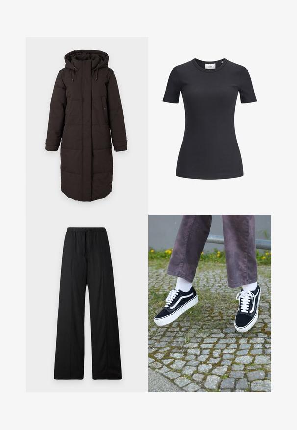 Dolga črna podložena zimska bunda s kapuco, sprednji zadrge prekrite s klapnio, dvema žepoma na gumbe in prilagodljivimi zapestnimi trakovi.; Črna rebrasta majica s kratkimi rokavi in okroglo izdelavo. Narejena iz mehke, raztegljive tkanine, z diskretno teksturo in prilegajočim krojem.; Črne široke hlače iz lahkega blaga. Imajo elastičen pas z vrvico. Čist, minimalističen dizajn brez vzorcev.; Črne semiš teniske z belimi akcenti, s krožno prstom, debelim belim podplatom in klasičnim vezanjem, nošene z belimi nogavicami in vijoličnimi hlačami.