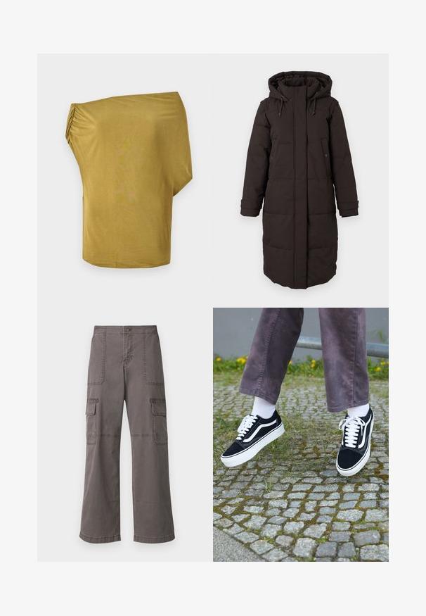 Lang svart polstret vinterjakke med hette, frontglidelås dekket av klaff, to trykknapp-lommer og justerbare mansjettstriper.; Løs passform, off-the-shoulder topp i sennepsgul, laget av mykt stoff med rynkedetaljer på den ene siden, jevn tekstur og buet kant.; Grå cargobukser laget av bomull med et bredt ben-design, med to frontlommer, to sidelommer og synlige sømdetaljer.; Svarte semskede joggesko med hvite detaljer, med rund tå, tykk hvit såle og klassisk snøring, båret med hvite sokker og lilla bukser.
